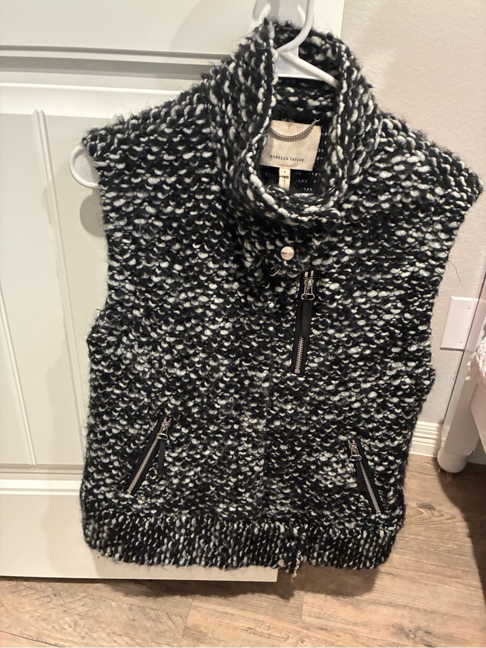 Rebecca Taylor Black and White Bouclé Zip-Front Turtleneck Vest